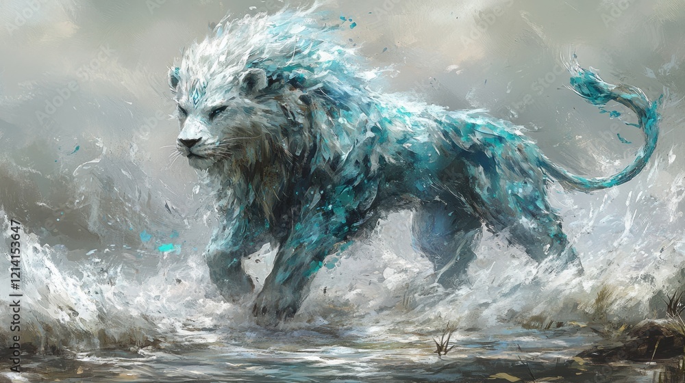 Obraz premium Majestic Ethereal Lion Roaming Through Misty Ocean Waves