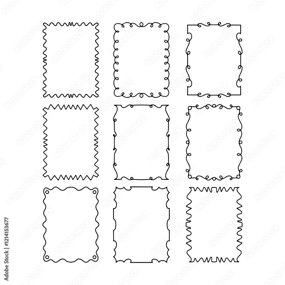 Collection of doodle hand drawn trendy frames with wavy lines and swirls. Modern squiggly borders for holiday poster, wedding invitations, etc. Vector illustration Collection of doodle hand drawn trendy frames with wavy lines and swirls. Modern squiggly borders for holiday poster, wedding invitations, etc. Vector illustration