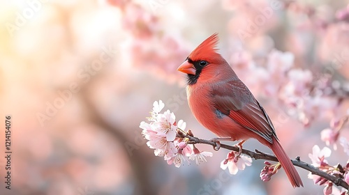 Northern Cardinal perched on blossoming cherry tree branch, spring sunrise