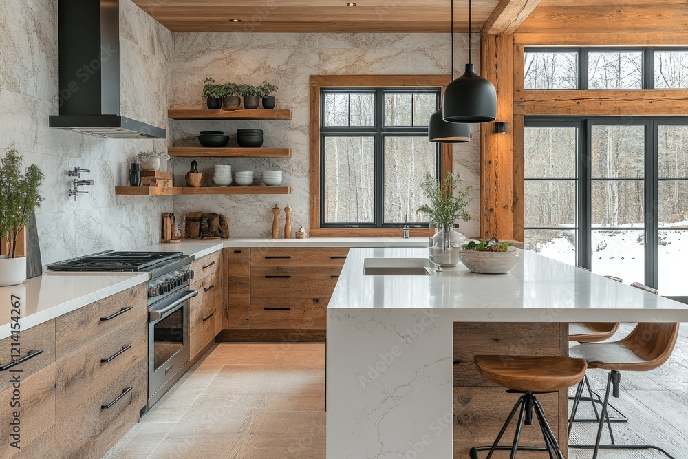 Fototapeta premium Modern kitchen design rustic cabin interior photography cozy environment natural light minimalist concept