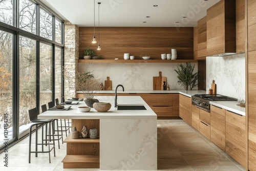 Modern kitchen design contemporary home interior photo bright space wide angle minimalist concept