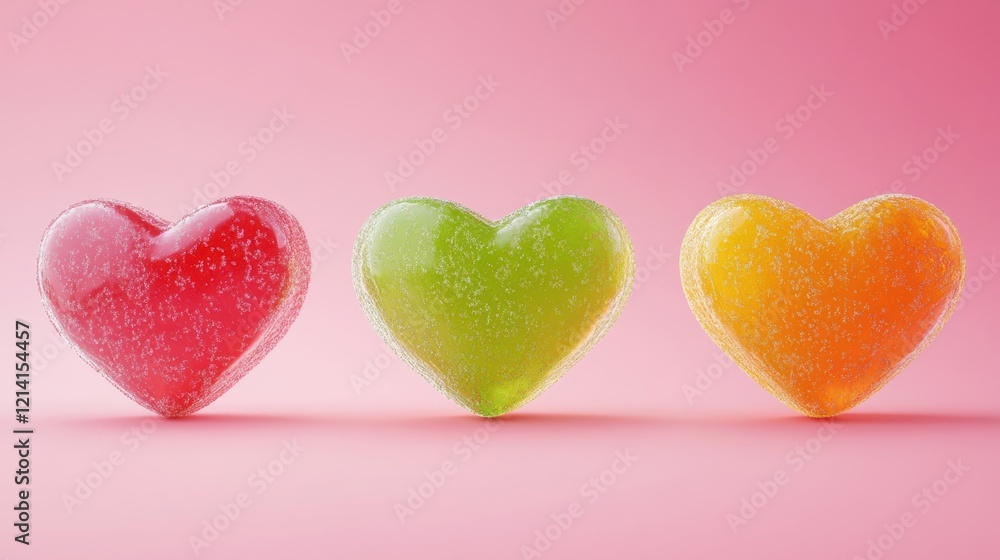 Fototapeta premium heart-shaped red candies bonbons with empty space for text, pink background for Valentines Day