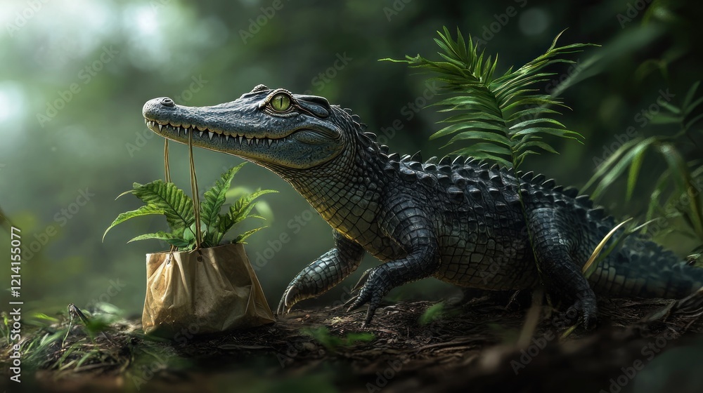 Naklejka premium A young alligator gently holds a small fern plant in a paper bag amidst lush green foliage.