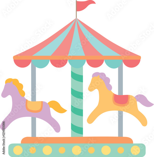 Colorful carousel with horses on isolated on white background. Simple illustration with children's attraction
