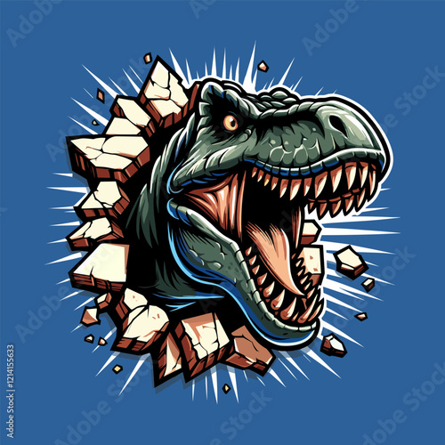 Angry T-Rex Breaking Wall Illustration