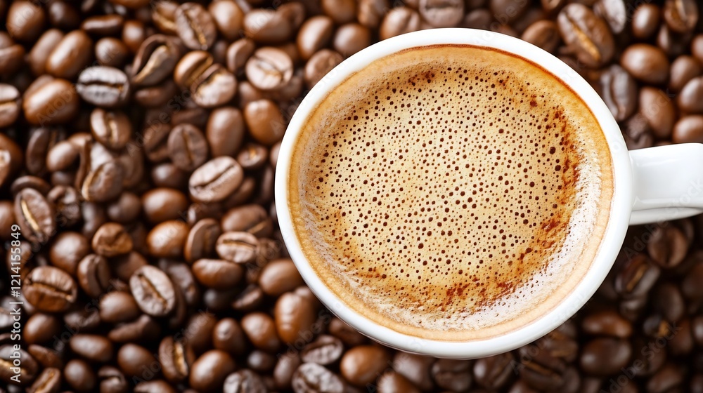 Fototapeta premium CloseUp of White Coffee Cup Surrounded by Roasted Coffee Beans : Generative AI