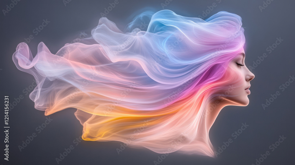 Obraz premium An ethereal image of a person surrounded by translucent, colorful swirls and light trails, representing the sensory overload associated with hallucinations,