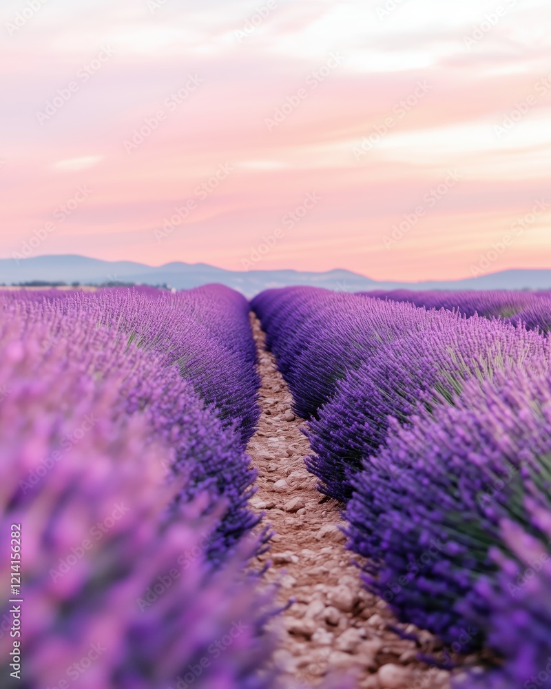 Obraz premium Rows of lush lavender bloom under a colorful sunset sky in Provence, creating a tranquil and picturesque landscape