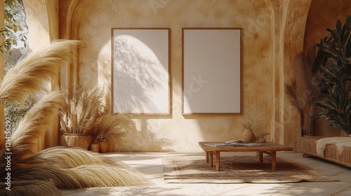 Cozy Minimalist Interior with Blank Frames and Natural Decor Elements