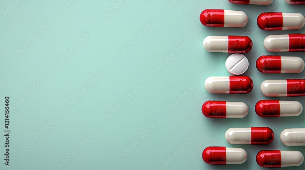 red and white pills on a light green background, symbolizing various medications seamlessly integrated with the solid color of the page for an elegant display red and white pills on a light green background, symbolizing various medications seamlessly integrated with the solid color of the page for an elegant display