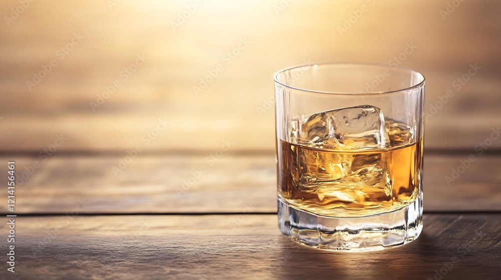 Classic Whiskey on Ice in a Glass with Rustic Wooden Tablebackdrop : Generative AI Classic Whiskey on Ice in a Glass with Rustic Wooden Tablebackdrop : Generative AI