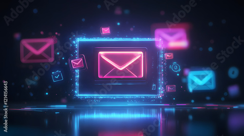 A glowing inbox displaying promotional offers and user engagement metrics, e concept