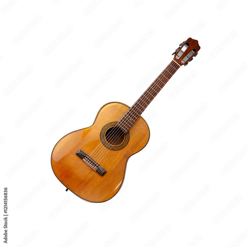 Naklejka premium Acoustic Guitar: A classic wooden acoustic guitar with six strings, its warm wood finish inviting a melody to be played. The guitar's body is slightly tilted.