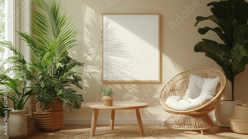 Cozy Indoor Space with Plants and a Natural Rattan Chair