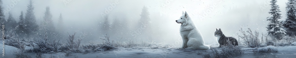 Serene Winter Landscape Featuring Two Majestic Canines in a Snow-Covered Forest, Evoking a Sense of Peace and Connection with Nature Serene Winter Landscape Featuring Two Majestic Canines in a Snow-Covered Forest, Evoking a Sense of Peace and Connection with Nature