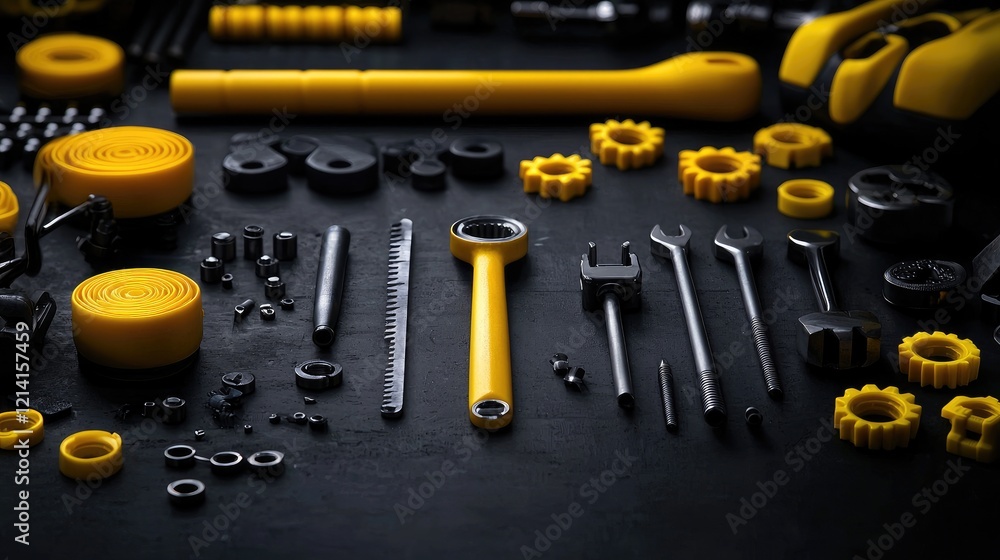 Fototapeta premium Flat lay of tools and parts on dark surface, workshop background, mechanical industry