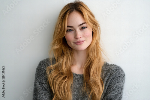 Confident Blonde Woman in Casual Fashion, Posing Against Neutral Background, Representing Modern Style and Self-Assurance photo