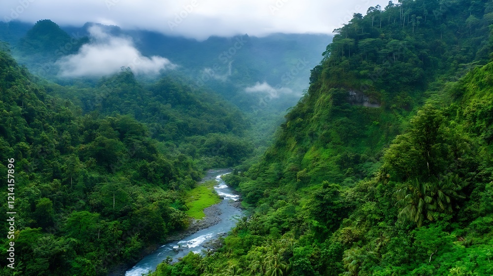 Lush Tropical Rainforest with River and Misty Mountains Scenic Natural Paradise : Generative AI Lush Tropical Rainforest with River and Misty Mountains Scenic Natural Paradise : Generative AI