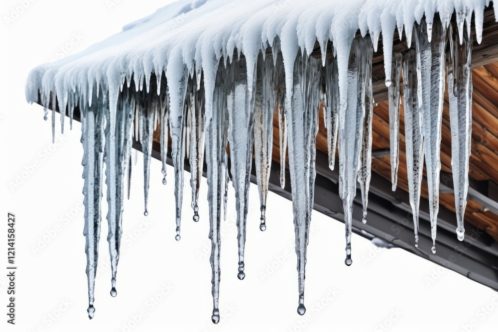 Icicles hanging on a roof and white backgrounds in a frozen winter setting with sharp icy details and melting frost Icicles hanging on a roof and white backgrounds in a frozen winter setting with sharp icy details and melting frost