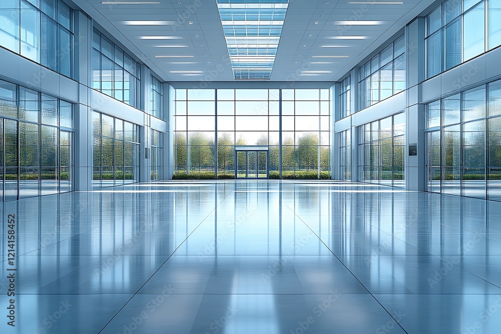 Modern spacious office lobby with large windows and glass doors, overlooking a green landscape. Modern spacious office lobby with large windows and glass doors, overlooking a green landscape.