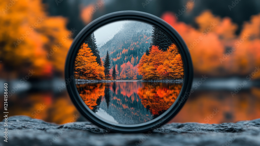 A picturesque close-up of a camera lens reflecting a serene lake surrounded by autumn foliage, emphasizing the vibrant oranges and reds, A picturesque close-up of a camera lens reflecting a serene lake surrounded by autumn foliage, emphasizing the vibrant oranges and reds,