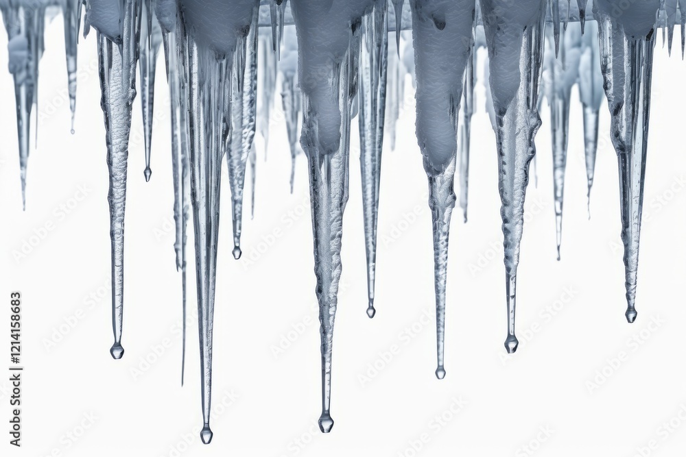 Icicles hanging on a roof and white or blue backgrounds in a frozen winter setting with sharp icy details and melting frost Icicles hanging on a roof and white or blue backgrounds in a frozen winter setting with sharp icy details and melting frost