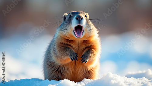 A photo of a cute marmot that has just woken up and is yawning in the snowy nature. Concept for the Groundhog Day celebration photo