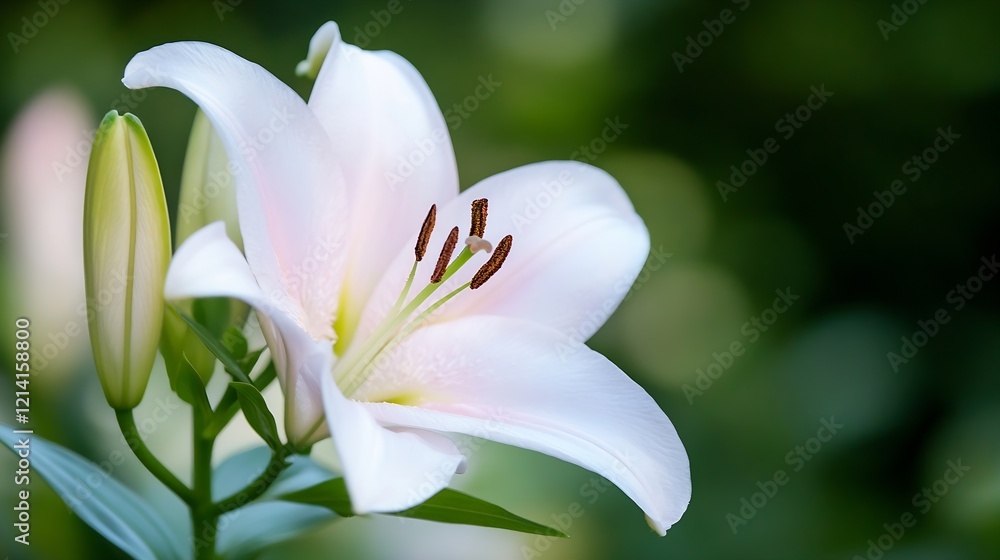 Fototapeta premium Elegant white lily blooming in a lush green garden : Generative AI
