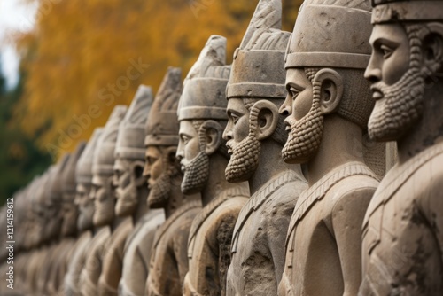 Stone sculptures of ancient persian soldiers standing in a row, showcasing the military might of the achaemenid empire photo