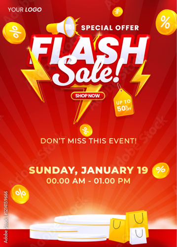 Realistic flash sale vertical poster flyer design template with podium isolated on abstract background	