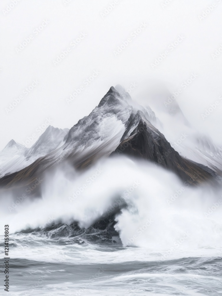 Fototapeta premium Stormy weather creates dramatic waves crashing against a misty, cloud-covered mountain in a remote location