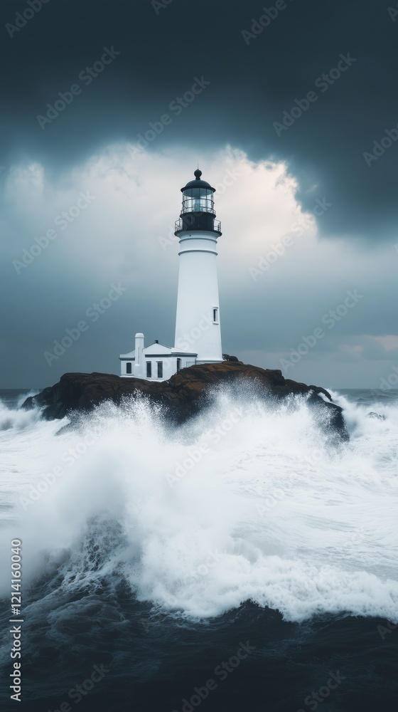 Waves crash fiercely around a lighthouse on a rocky island, offering a stunning view on a stormy day Waves crash fiercely around a lighthouse on a rocky island, offering a stunning view on a stormy day