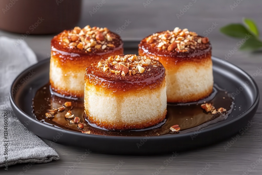 Brown sugar creates a beautiful golden color in desserts. Delicious mini desserts topped with caramel and nuts on a dark plate. Brown sugar creates a beautiful golden color in desserts. Delicious mini desserts topped with caramel and nuts on a dark plate.