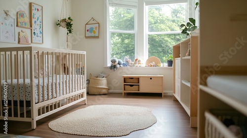 Minimalist Baby Nursery With Natural Light and Wooden Decor : Generative AI