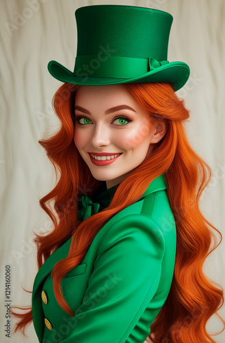 Photo of a beautiful girl with red hair wearing green clothes and a top hat. Concept for St. Patrick's Day photo