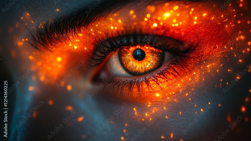 Fiery eye glowing with golden sparkles Fiery eye glowing with golden sparkles