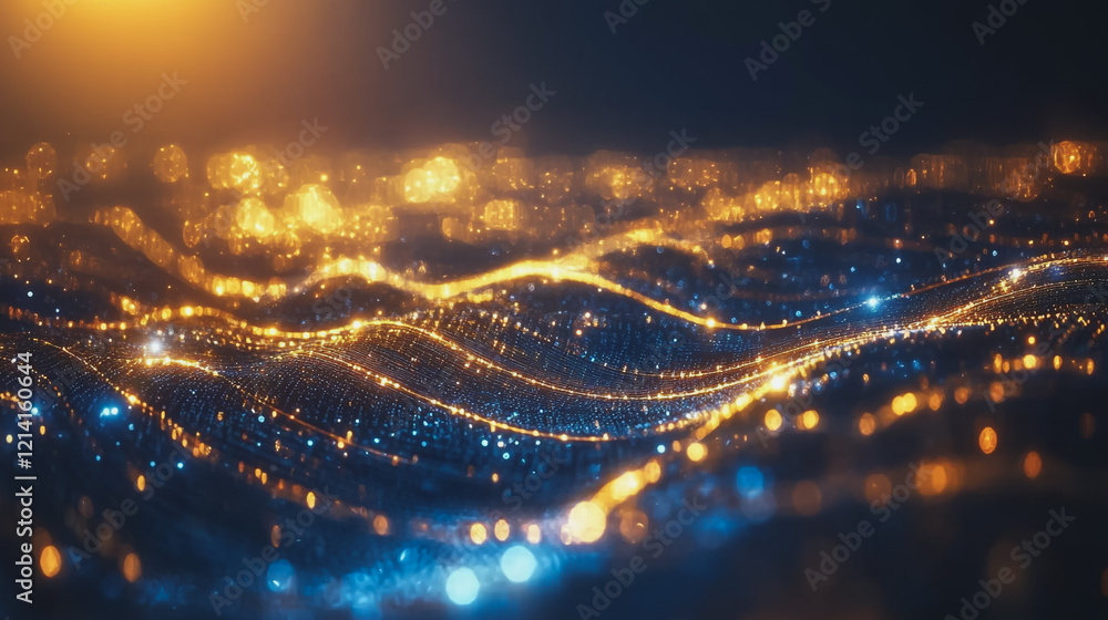 Obraz premium Abstract digital background electromagnetic wave background Innovation digital wave, information technology background and green luxury background with golden line decoration and curve light effect