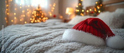 Cozy Christmas bedroom with Santa hat.