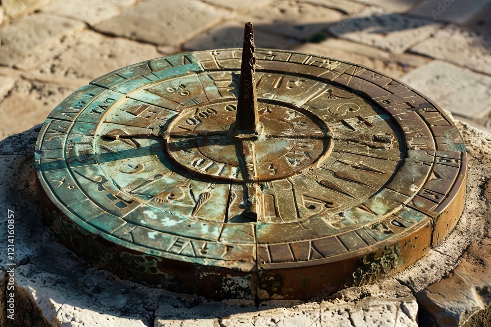 Old sundial made of metal is casting a shadow on a stone surface, showing the passage of time Old sundial made of metal is casting a shadow on a stone surface, showing the passage of time