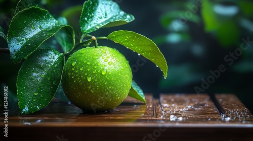 Fresh green lime with water droplets on a wooden surface