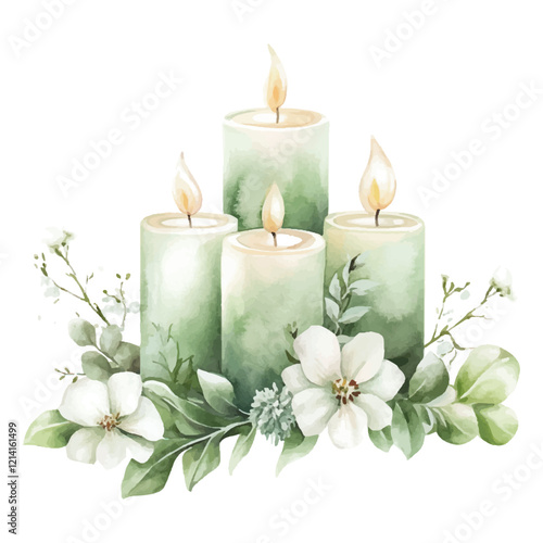 Watercolor candles with greenery and white flowers, a clip art design on a pure white backgroundckground.