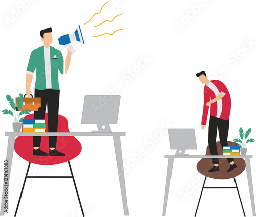 Humble Little Employee, Office Bullying, Company or Corporate Management System, Hierarchy, Office Politics, Manager standing in red office chair with megaphone berating or ordering employees standing