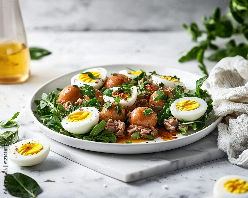 Delicious classic tuna salad with boiled eggs and fresh greens kitchen food bright clean tones top view Delicious classic tuna salad with boiled eggs and fresh greens kitchen food bright clean tones top view