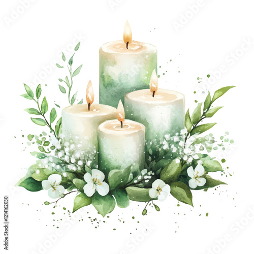 Watercolor candles with greenery and white flowers, a clip art design on a pure white backgroundckground.