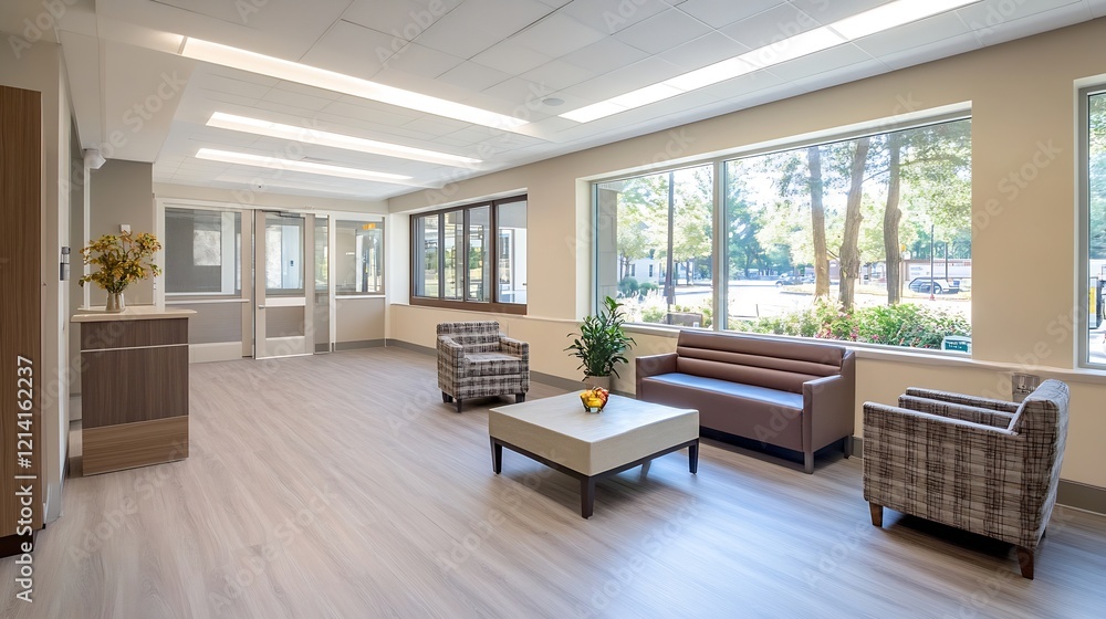 Naklejka premium Bright Comfortable Lobby Lounge with Cozy Seating and Large Windows for Natural Lighting : Generative AI
