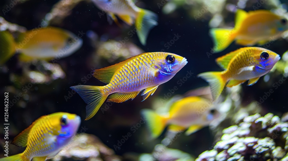a school of tropical fish, showcasing their vibrant colors and intricate patterns in clear waters.
