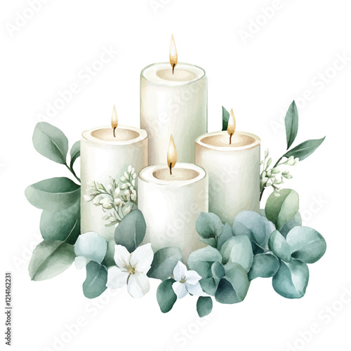 Watercolor candles with greenery and white flowers, a clip art design on a pure white backgroundckground.