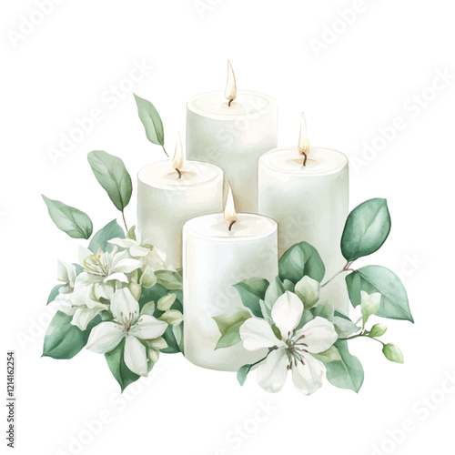 Watercolor candles with greenery and white flowers, a clip art design on a pure white backgroundckground.