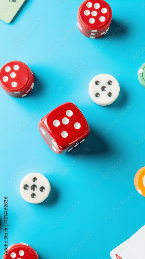 Classic prank toy and dice game on blue background for fun and entertainment concepts Classic prank toy and dice game on blue background for fun and entertainment concepts