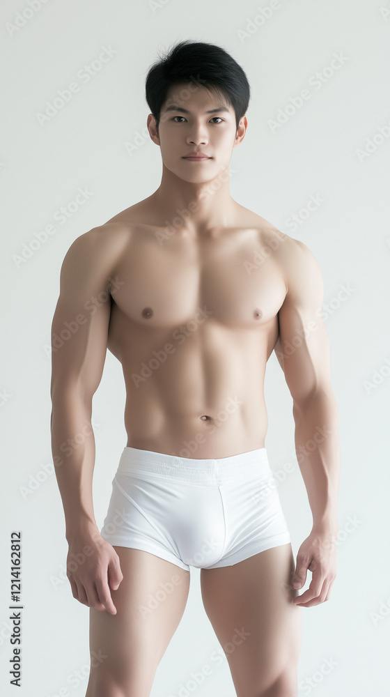 Fototapeta premium The handsome Asian male in white swimming pant